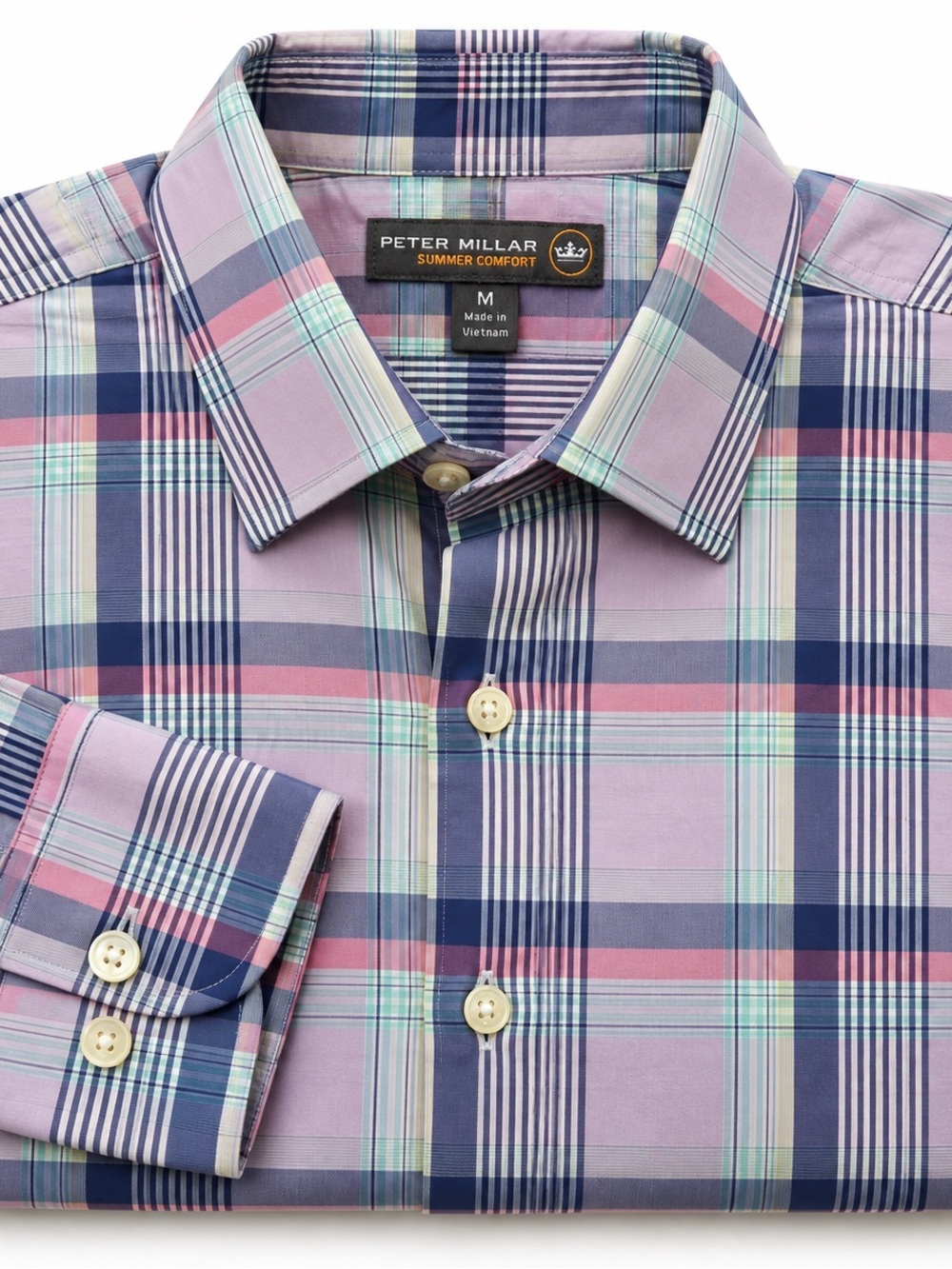 Peter Millar Summer Comfort Men’s M Pastel Plaid Stretch Button Down Shirt Golf